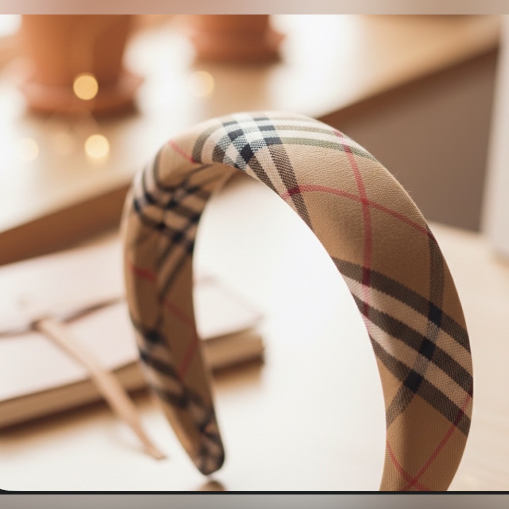 NEW Brit London Handmade Silk Blend Plaid Beige Headband